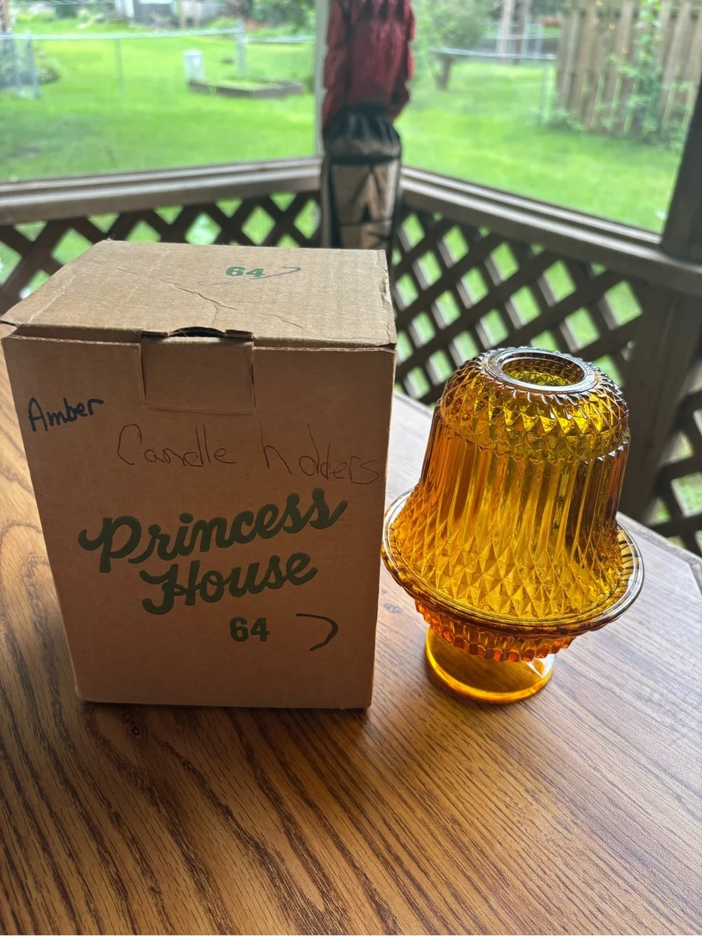 Princess House Amber Ribbed Diamond Glass Fairy Lamp